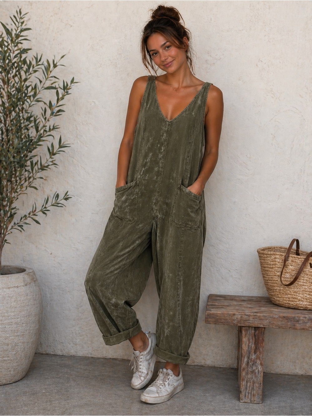 We the Free Upcycled Overalls Jumpsuit; Free People Bleached Army Green Bibs